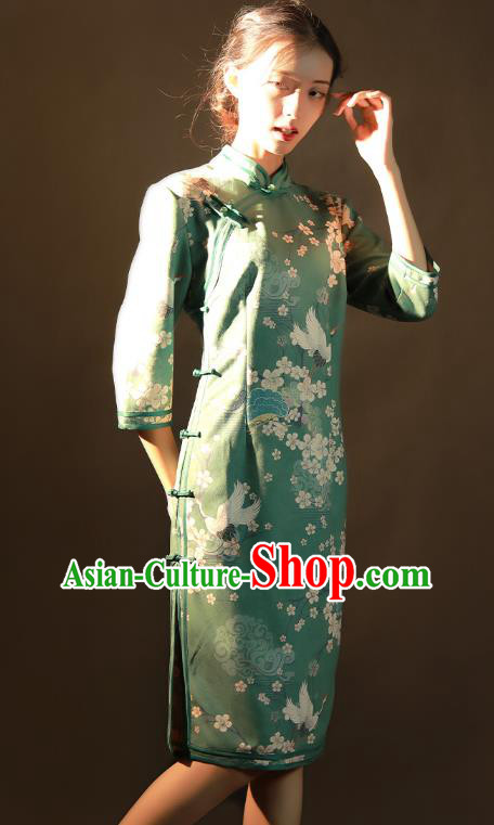 China Traditional Printing Plum Blossom Qipao Dress National Young Woman Green Suede Fabric Cheongsam