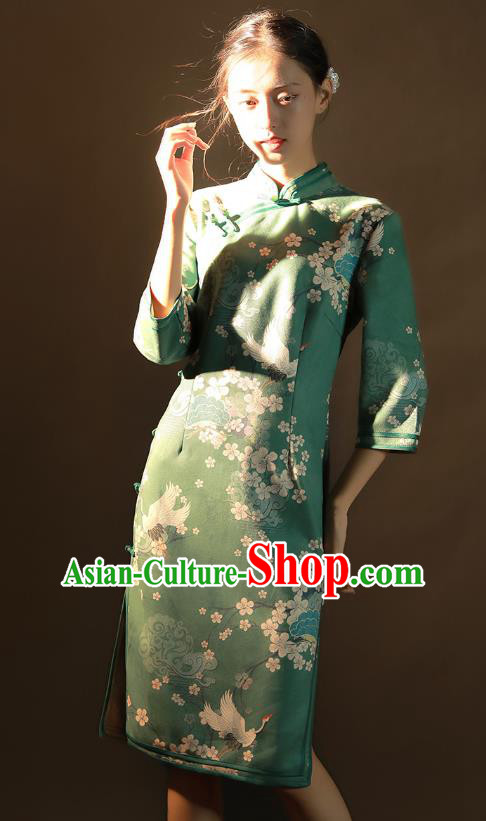 China Traditional Printing Plum Blossom Qipao Dress National Young Woman Green Suede Fabric Cheongsam