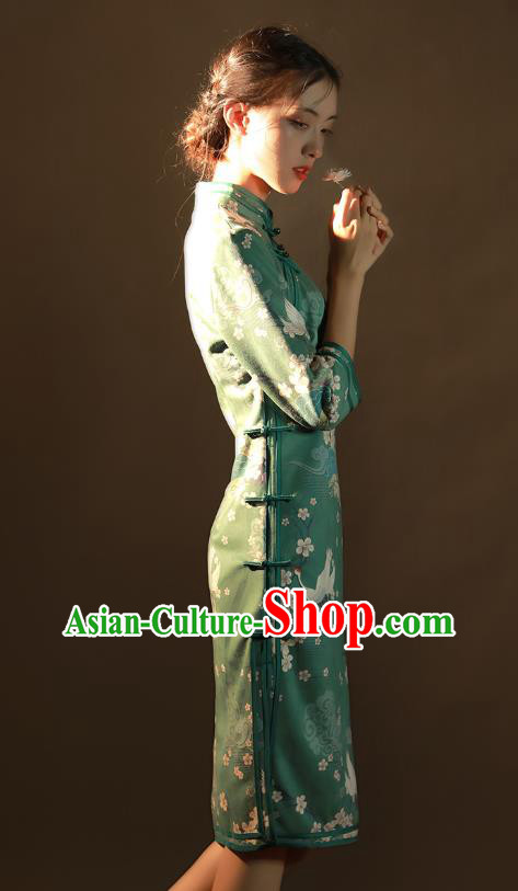 China Traditional Printing Plum Blossom Qipao Dress National Young Woman Green Suede Fabric Cheongsam