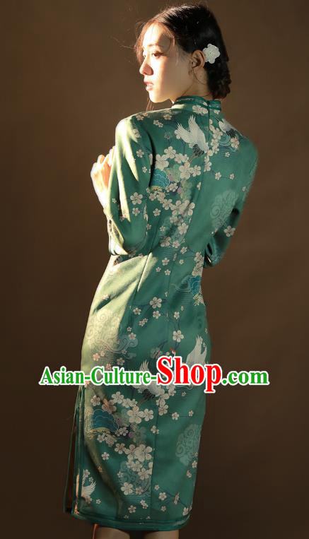 China Traditional Printing Plum Blossom Qipao Dress National Young Woman Green Suede Fabric Cheongsam