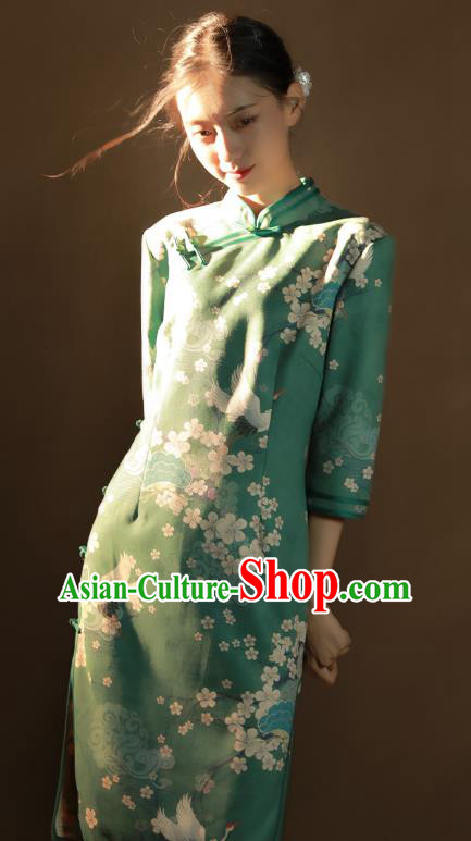 China Traditional Printing Plum Blossom Qipao Dress National Young Woman Green Suede Fabric Cheongsam