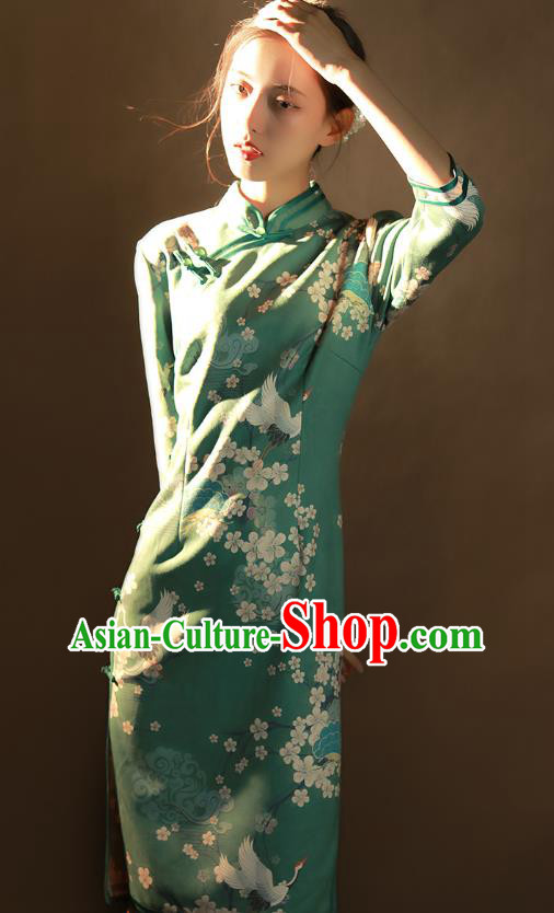 China Traditional Printing Plum Blossom Qipao Dress National Young Woman Green Suede Fabric Cheongsam