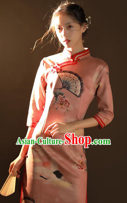 China Traditional Printing Peony Crane Qipao Dress National Young Woman Pink Suede Fabric Cheongsam