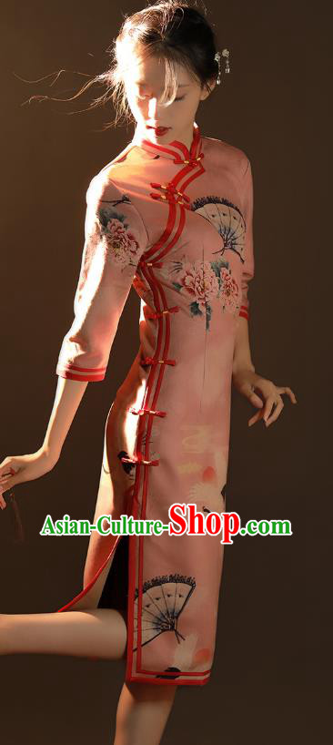 China Traditional Printing Peony Crane Qipao Dress National Young Woman Pink Suede Fabric Cheongsam
