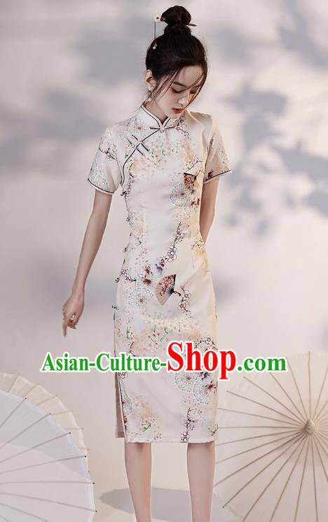 Chinese Young Lady Printing Plum Fan Cheongsam Clothing Modern Dance Beige Qipao Dress
