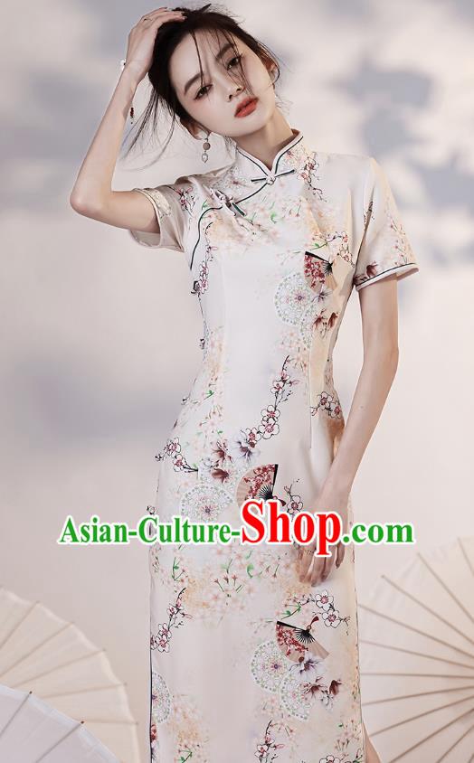 Chinese Young Lady Printing Plum Fan Cheongsam Clothing Modern Dance Beige Qipao Dress