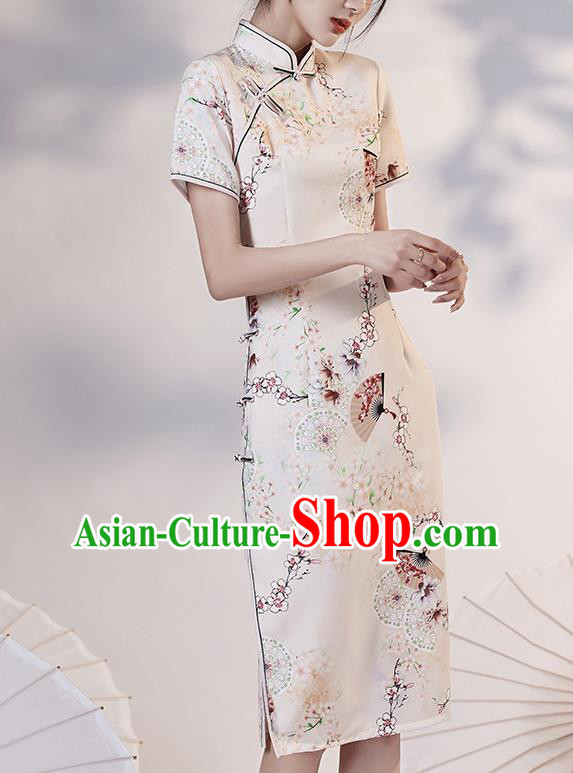 Chinese Young Lady Printing Plum Fan Cheongsam Clothing Modern Dance Beige Qipao Dress