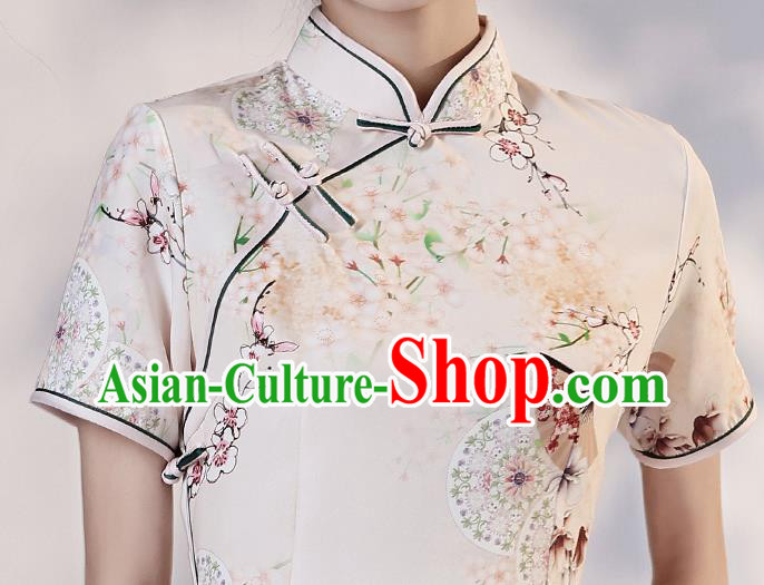 Chinese Young Lady Printing Plum Fan Cheongsam Clothing Modern Dance Beige Qipao Dress