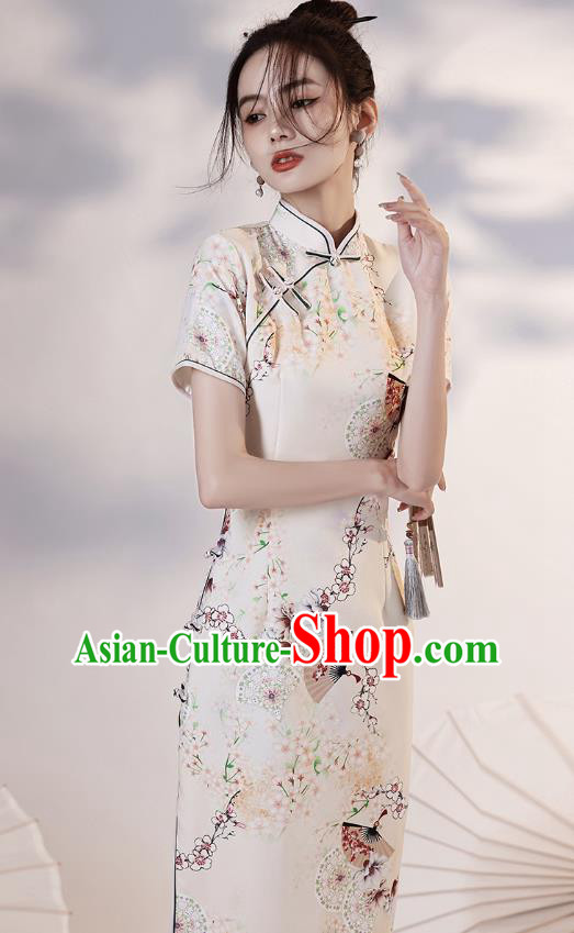 Chinese Young Lady Printing Plum Fan Cheongsam Clothing Modern Dance Beige Qipao Dress
