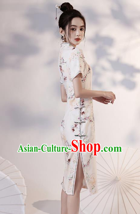 Chinese Young Lady Printing Plum Fan Cheongsam Clothing Modern Dance Beige Qipao Dress