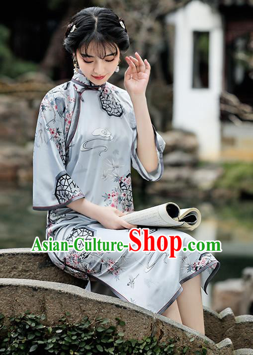 Republic of China Traditional Printing Light Green Qipao Dress National Young Woman Cheongsam