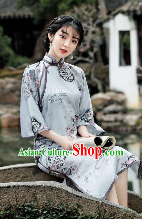 Republic of China Traditional Printing Light Green Qipao Dress National Young Woman Cheongsam