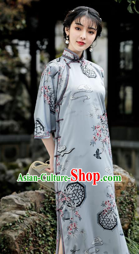 Republic of China Traditional Printing Light Green Qipao Dress National Young Woman Cheongsam