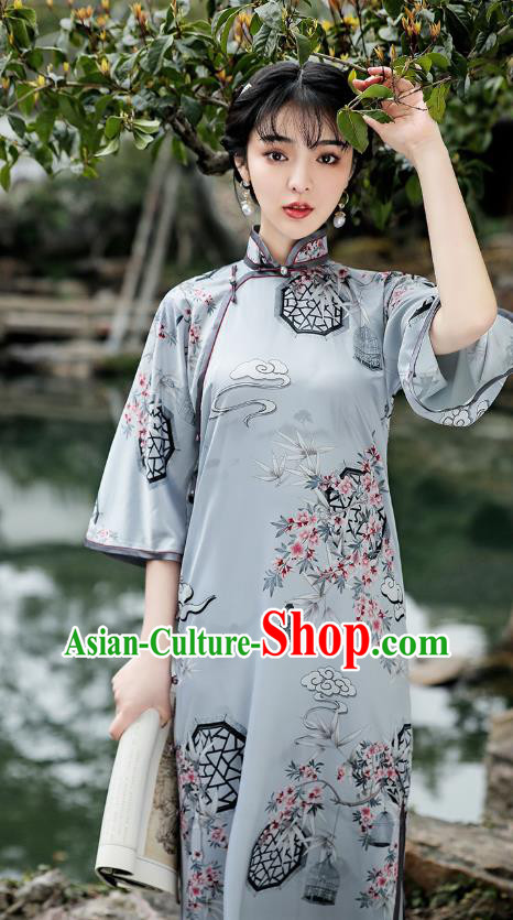 Republic of China Traditional Printing Light Green Qipao Dress National Young Woman Cheongsam
