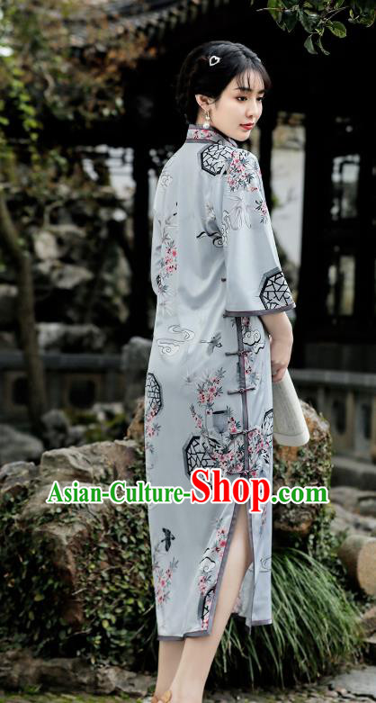 Republic of China Traditional Printing Light Green Qipao Dress National Young Woman Cheongsam