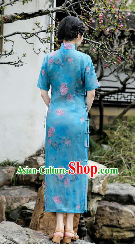 Republic of China National Young Woman Cheongsam Traditional Printing Peony Blue Flax Qipao Dress