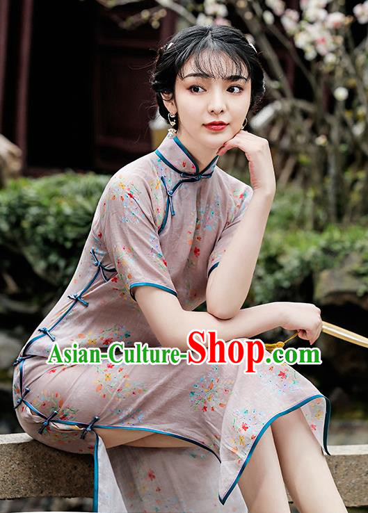 Republic of China Young Lady Cheongsam Traditional Printing Flowers Grey Flax Qipao Dress