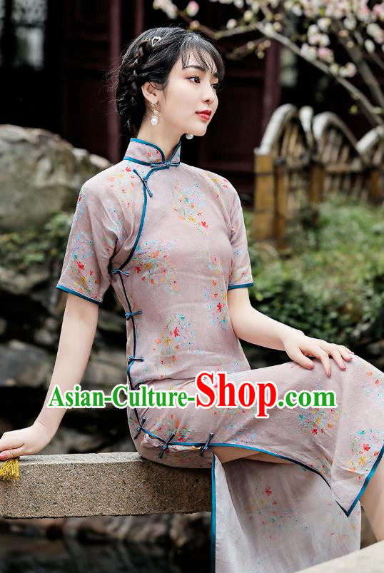 Republic of China Young Lady Cheongsam Traditional Printing Flowers Grey Flax Qipao Dress