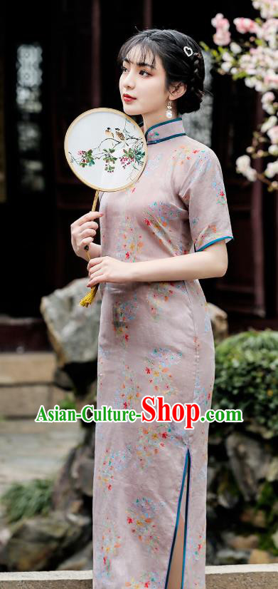 Republic of China Young Lady Cheongsam Traditional Printing Flowers Grey Flax Qipao Dress