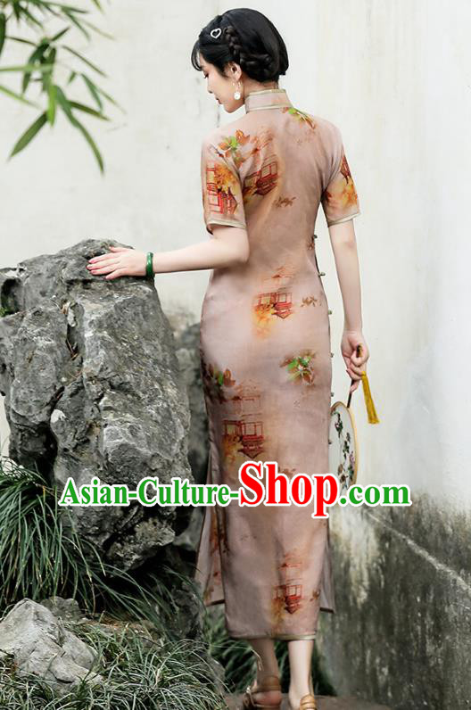 Republic of China Traditional Printing Apricot Flax Qipao Dress National Young Lady Cheongsam
