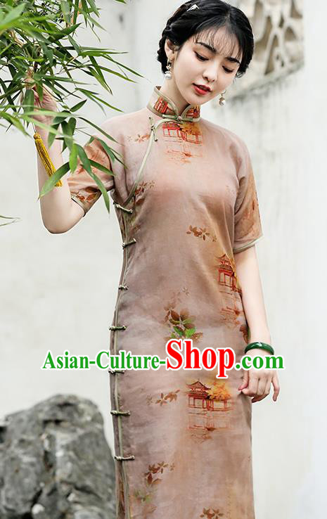 Republic of China Traditional Printing Apricot Flax Qipao Dress National Young Lady Cheongsam