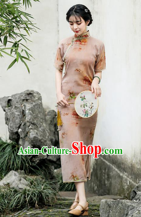 Republic of China Traditional Printing Apricot Flax Qipao Dress National Young Lady Cheongsam