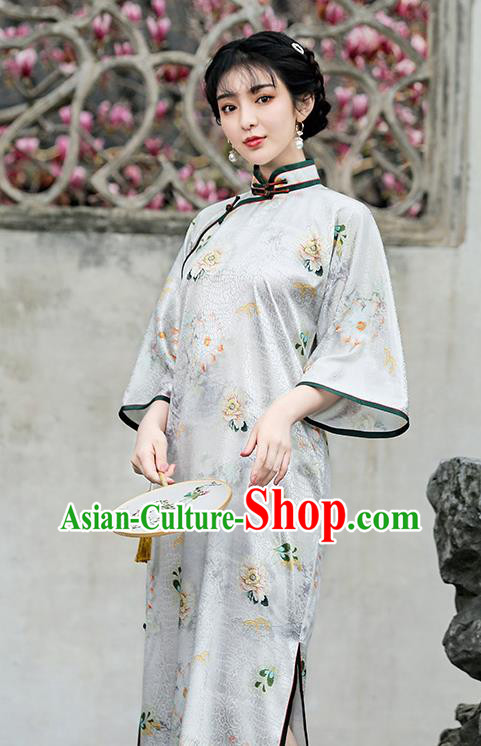Republic of China Traditional Printing White Qipao Dress National Young Lady Wide Sleeve Cheongsam