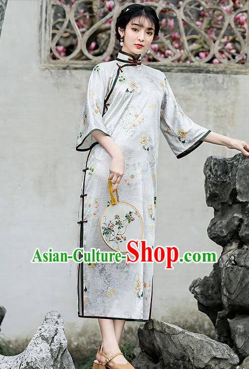Republic of China Traditional Printing White Qipao Dress National Young Lady Wide Sleeve Cheongsam
