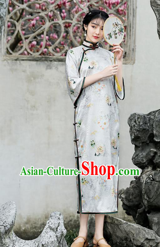 Republic of China Traditional Printing White Qipao Dress National Young Lady Wide Sleeve Cheongsam