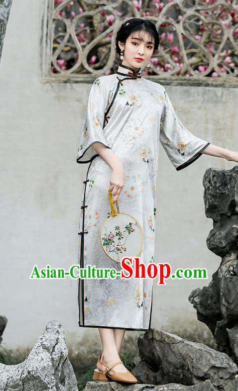 Republic of China Traditional Printing White Qipao Dress National Young Lady Wide Sleeve Cheongsam