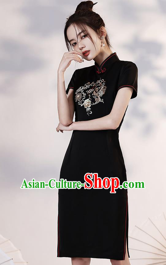 Chinese Young Lady Embroidered Phoenix Peony Cheongsam Clothing Modern Dance Black Short Qipao Dress