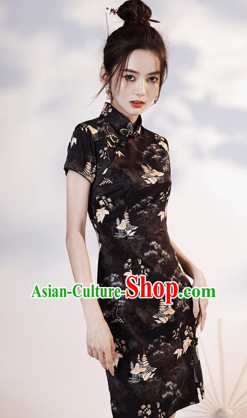 Chinese Printing Black Short Cheongsam Clothing Modern Dance Young Lady Qipao Dress