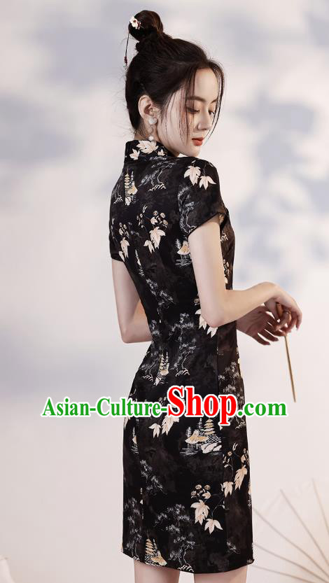 Chinese Printing Black Short Cheongsam Clothing Modern Dance Young Lady Qipao Dress