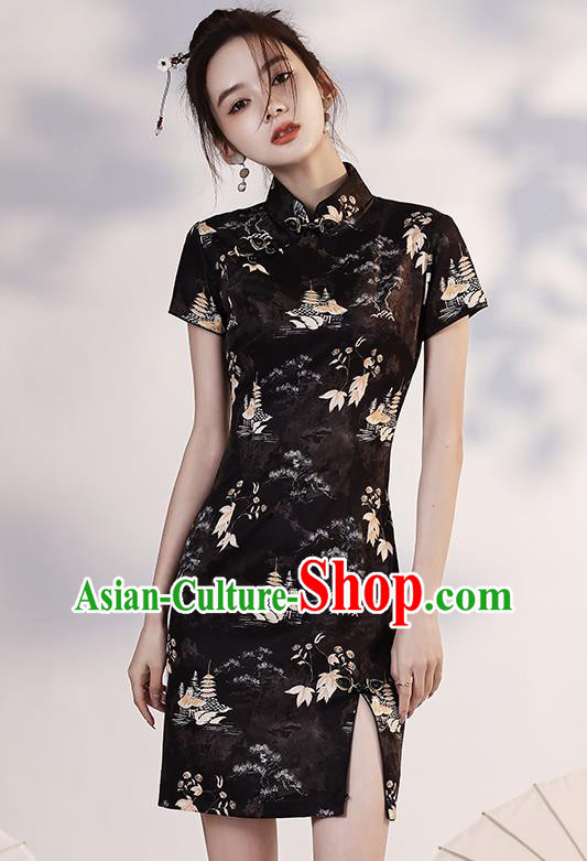 Chinese Printing Black Short Cheongsam Clothing Modern Dance Young Lady Qipao Dress