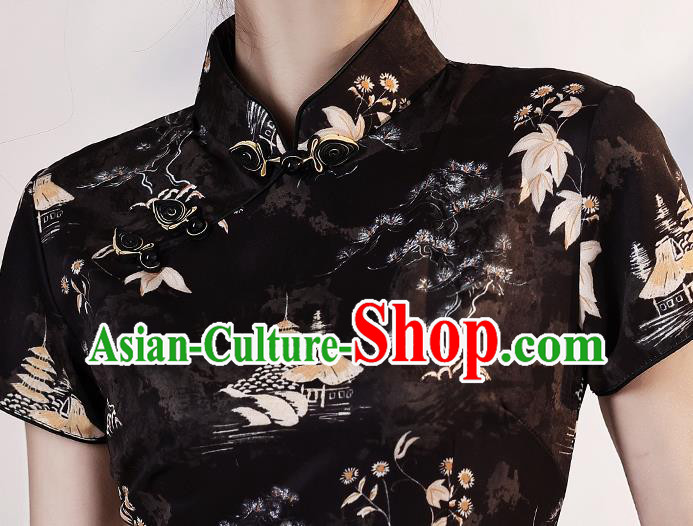 Chinese Printing Black Short Cheongsam Clothing Modern Dance Young Lady Qipao Dress