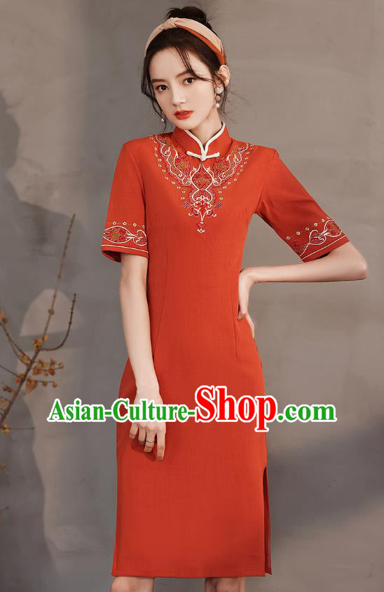 Chinese Stand Collar Cheongsam Clothing Modern Dance Young Lady Embroidered Red Qipao Dress