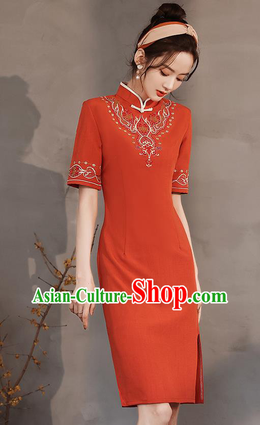 Chinese Stand Collar Cheongsam Clothing Modern Dance Young Lady Embroidered Red Qipao Dress