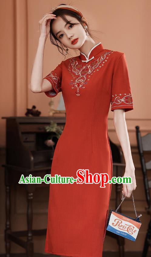 Chinese Stand Collar Cheongsam Clothing Modern Dance Young Lady Embroidered Red Qipao Dress
