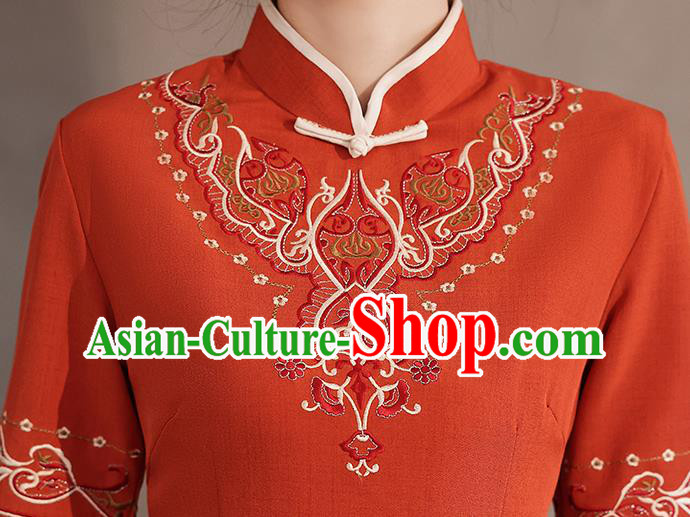 Chinese Stand Collar Cheongsam Clothing Modern Dance Young Lady Embroidered Red Qipao Dress