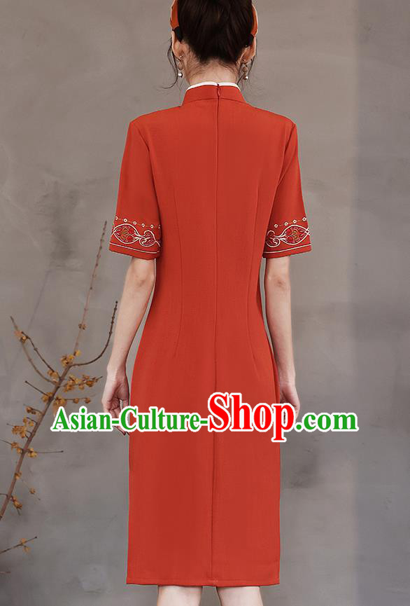 Chinese Stand Collar Cheongsam Clothing Modern Dance Young Lady Embroidered Red Qipao Dress