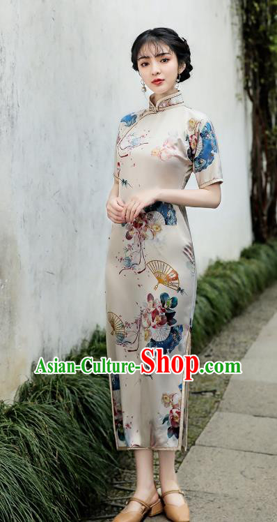 Republic of China Traditional Stand Collar Qipao Dress National Young Lady Printing Fan Cheongsam