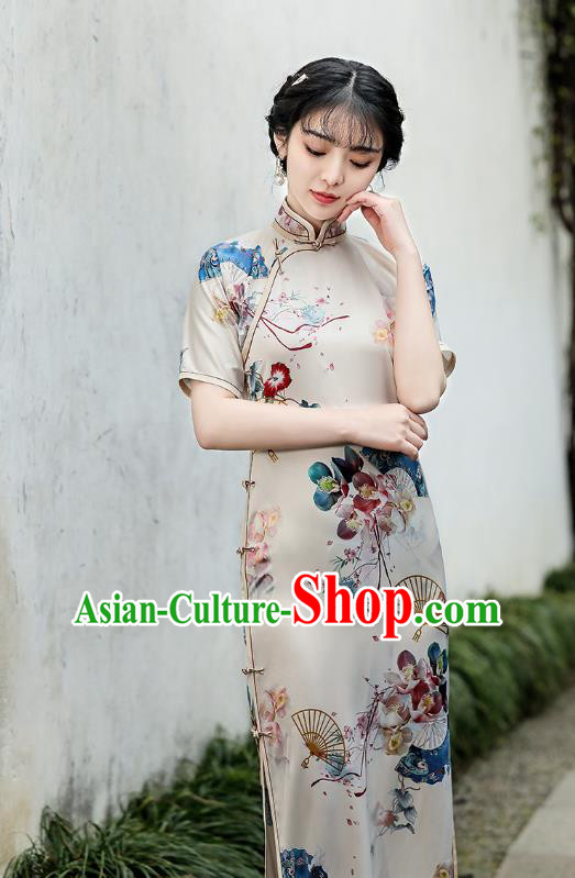 Republic of China Traditional Stand Collar Qipao Dress National Young Lady Printing Fan Cheongsam