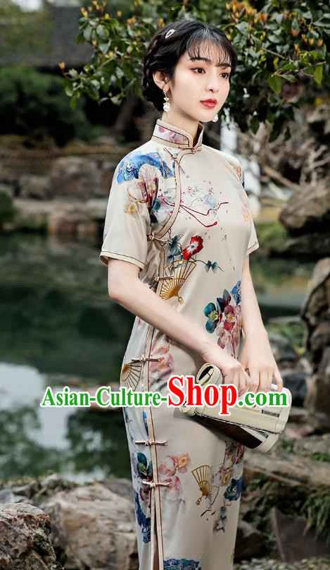 Republic of China Traditional Stand Collar Qipao Dress National Young Lady Printing Fan Cheongsam
