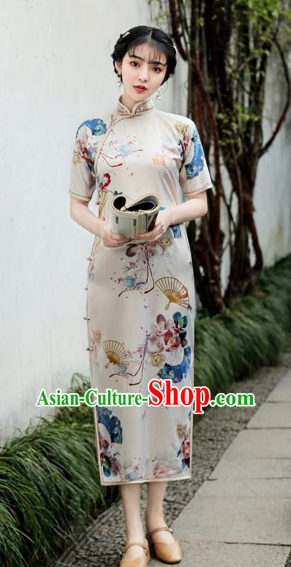 Republic of China Traditional Stand Collar Qipao Dress National Young Lady Printing Fan Cheongsam