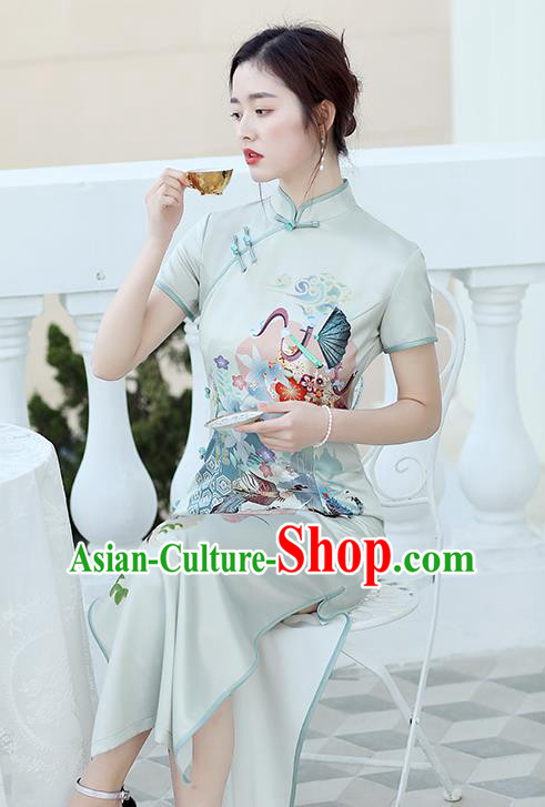 Republic of China National Printing Cheongsam Traditional Shanghai Young Lady Light Green Qipao Dress