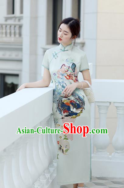 Republic of China National Printing Cheongsam Traditional Shanghai Young Lady Light Green Qipao Dress