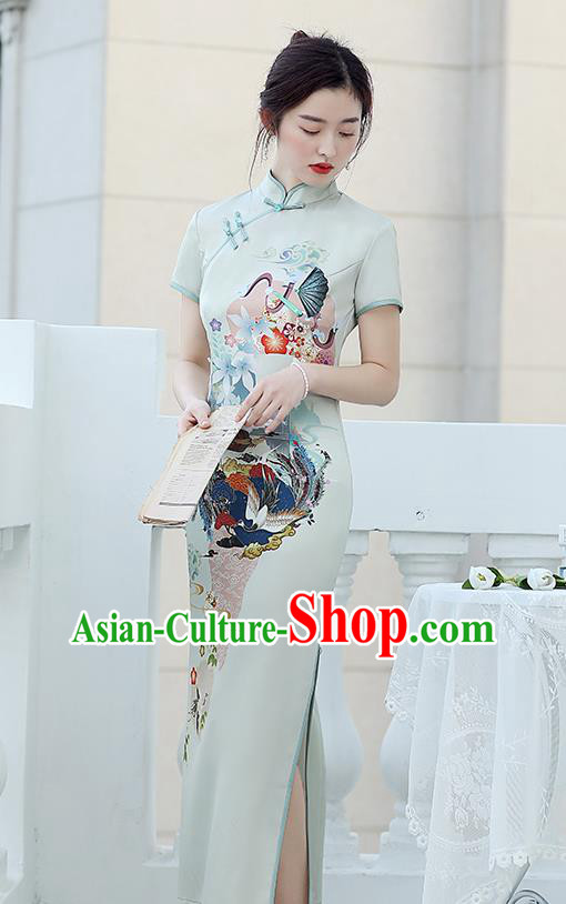Republic of China National Printing Cheongsam Traditional Shanghai Young Lady Light Green Qipao Dress