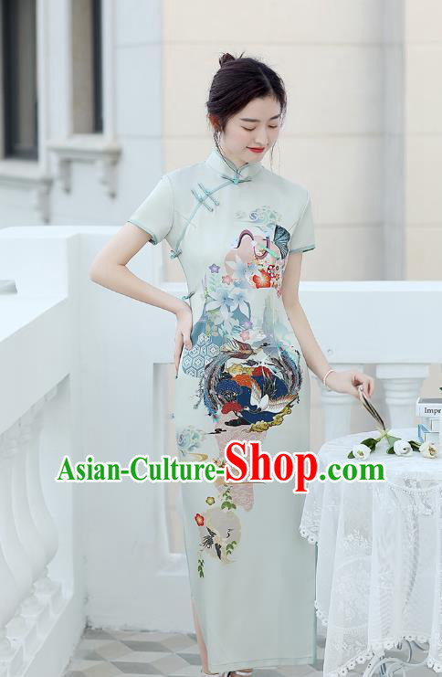 Republic of China National Printing Cheongsam Traditional Shanghai Young Lady Light Green Qipao Dress