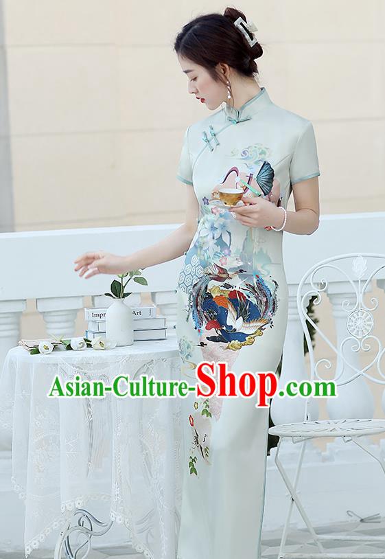 Republic of China National Printing Cheongsam Traditional Shanghai Young Lady Light Green Qipao Dress