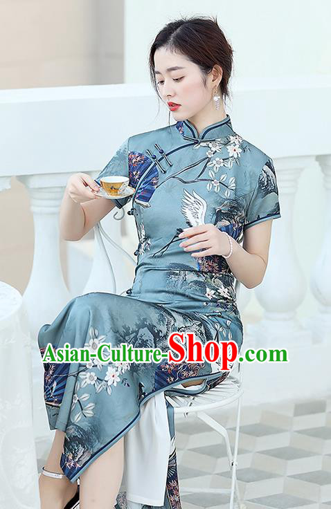 Republic of China National Printing Crane Blue Cheongsam Traditional Shanghai Young Lady Qipao Dress